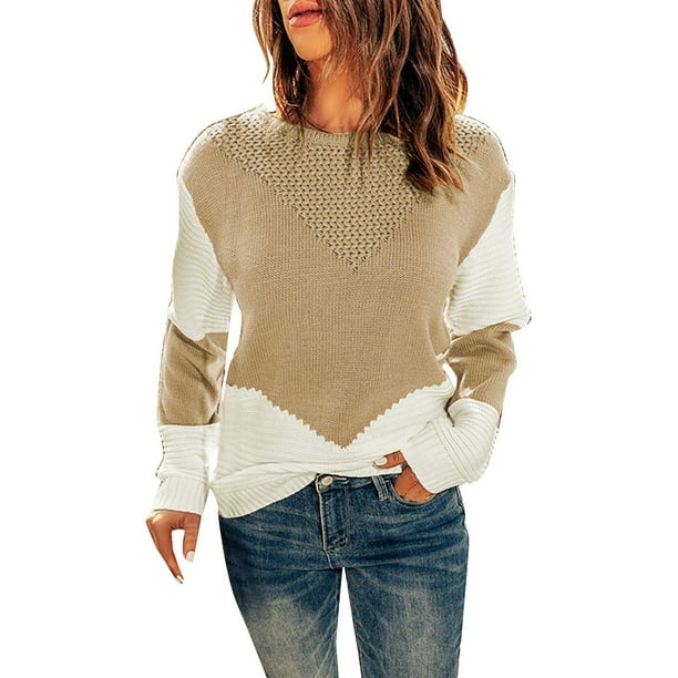 Gibobby SuéTer De Invierno Para Mujer Suéter de punto con cuello redondo y manga larga para mujer(Caqui,CH)