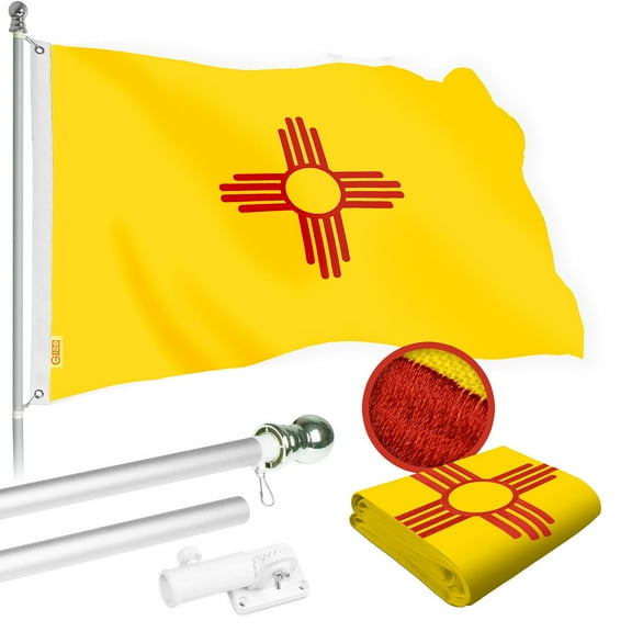 G128 Combo Pack: 6 Ft Tangle Free Spinning Flagpole (Silver) & New Mexico Flag 3x5 Ft Embroidered 220GSM Spun Polyester, Brass Grommets (Flag Included) Aluminum Flag Pole
