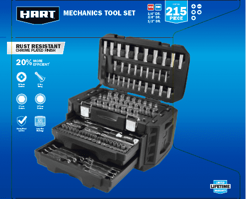 HART 215-Piece Mechanics Tool Set, Multiple Drive, Chrome Finish