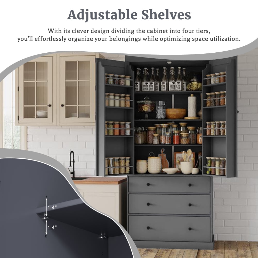 77" Farmhouse Kitchen Pantry - Freestanding Tall Cupboard Storage Cabinet with 3 Adjustable Shelves, 8 Door Shelves, 3 Drawers for Kitchen, Dining Room, Pantry Organization