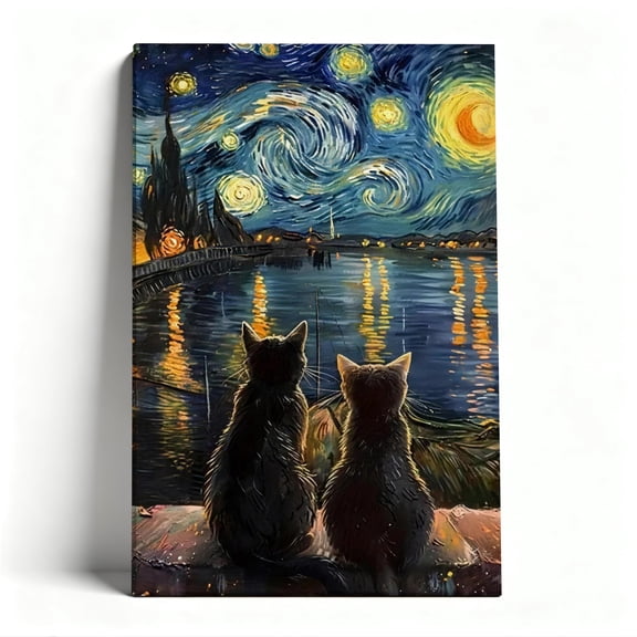Two Cats Starry Night Canvas Wall Art, Van Gogh Inspired Cat Decor, Impressionist Artwork For Cat Lover Spaces, Ready To Hang