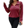 thumbnail image 3 of Women'S Large Size Casual Knitted Sweater Lapel V-Neck Solid Color Top Long Sleeve Shirt Wine Red XXXL, 3 of 8