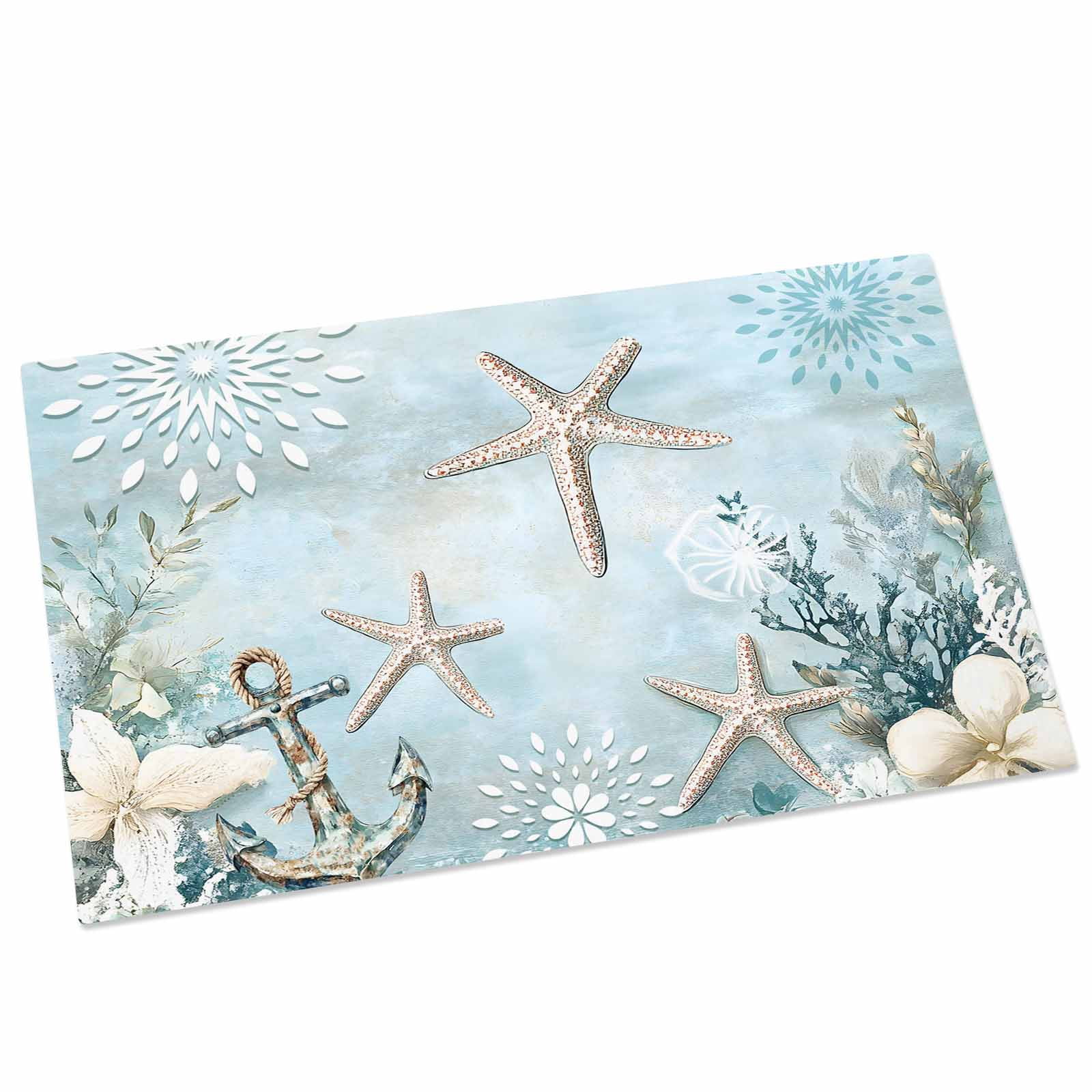Teal Ocean Coastal Indoor Door Mat - 20"x31.5", Non-Slip Welcome Mat for Outdoor, Summer Beach Nautical Coral Starfish Front Doormat for Entry, Low-Profile Doormat Entrance Rug for Kitchen/Bathroom