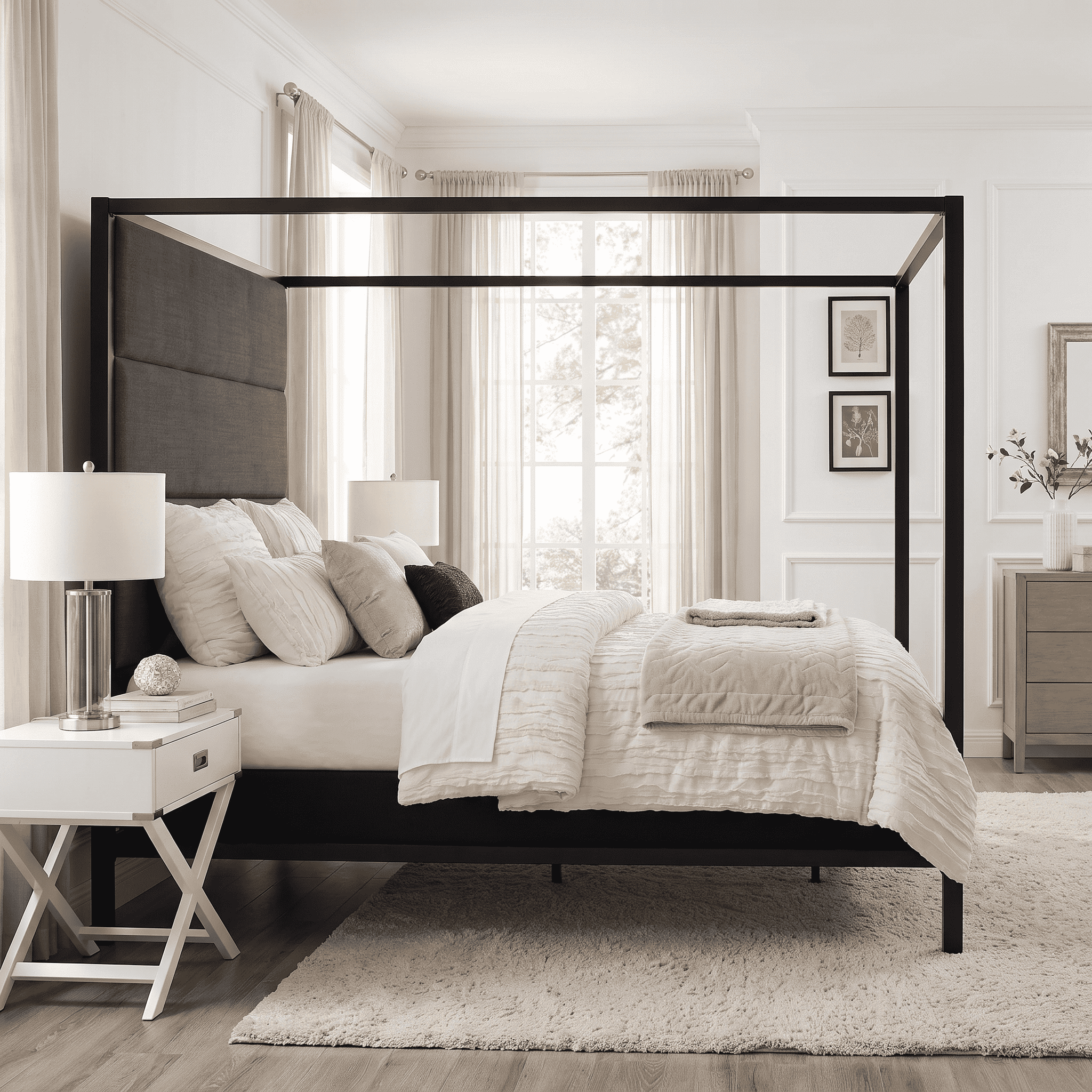 Euroco Metal King Size Canopy Bed with Linen Fabric Upholstered Headboard, 4-Poster Platform Bed, No Box Spring Needed, Black