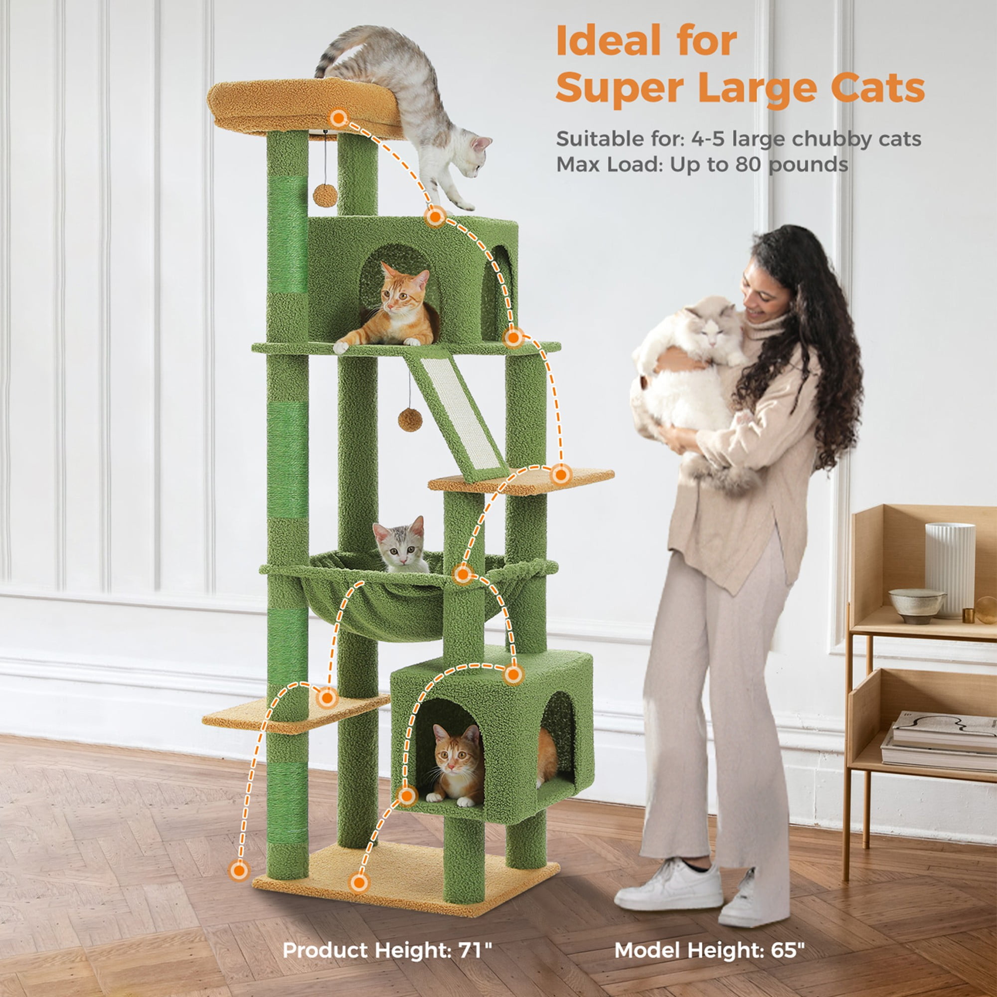 Kadyn 71" Large Cat Tree Tower for Indoor Cats, Multi-Level Cat Tree House with Padded Perches, Scratcher, Hammock, 2 Cozy Cat Condos and Scratching Posts, Green