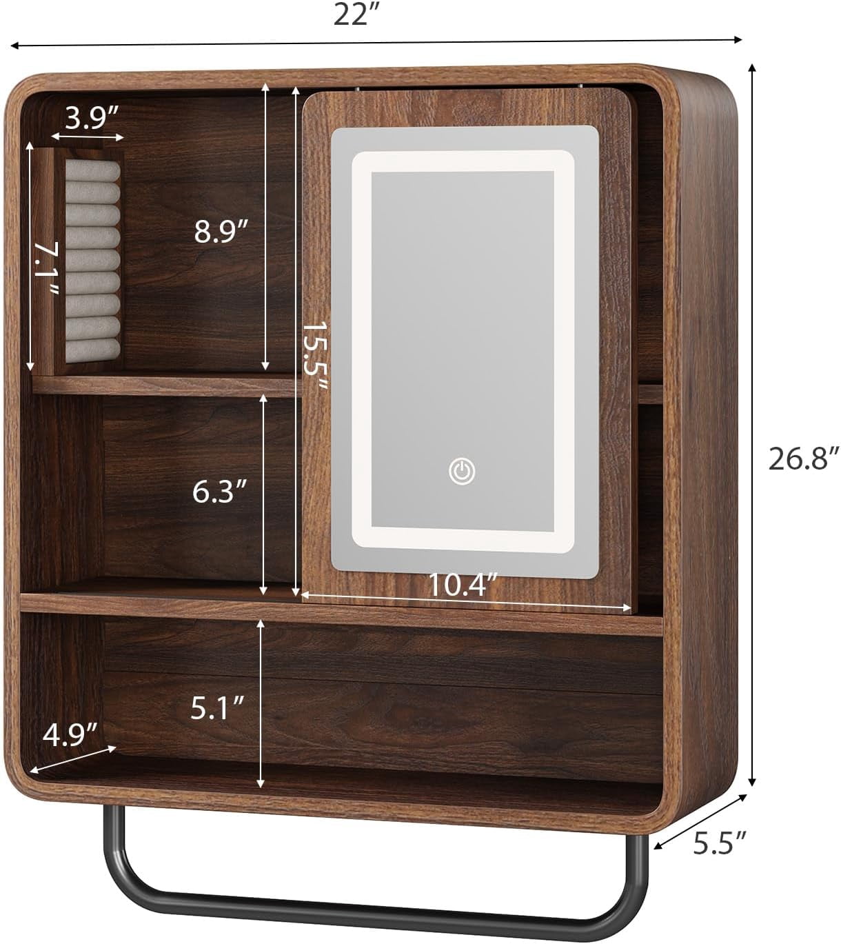 Vecenuy Modern Bathroom Wall Cabinet, Medicine Cabinets with Mirror, Over The Toilet Storage Cabinet for Bathroom, Towel Bar, Sliding Door, 3 Lighting Modes, Adjustable Brightness, Dark Walnut