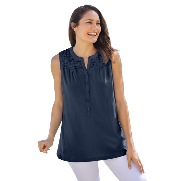 Woman Within Plus Size Smocked Henley Tank Top