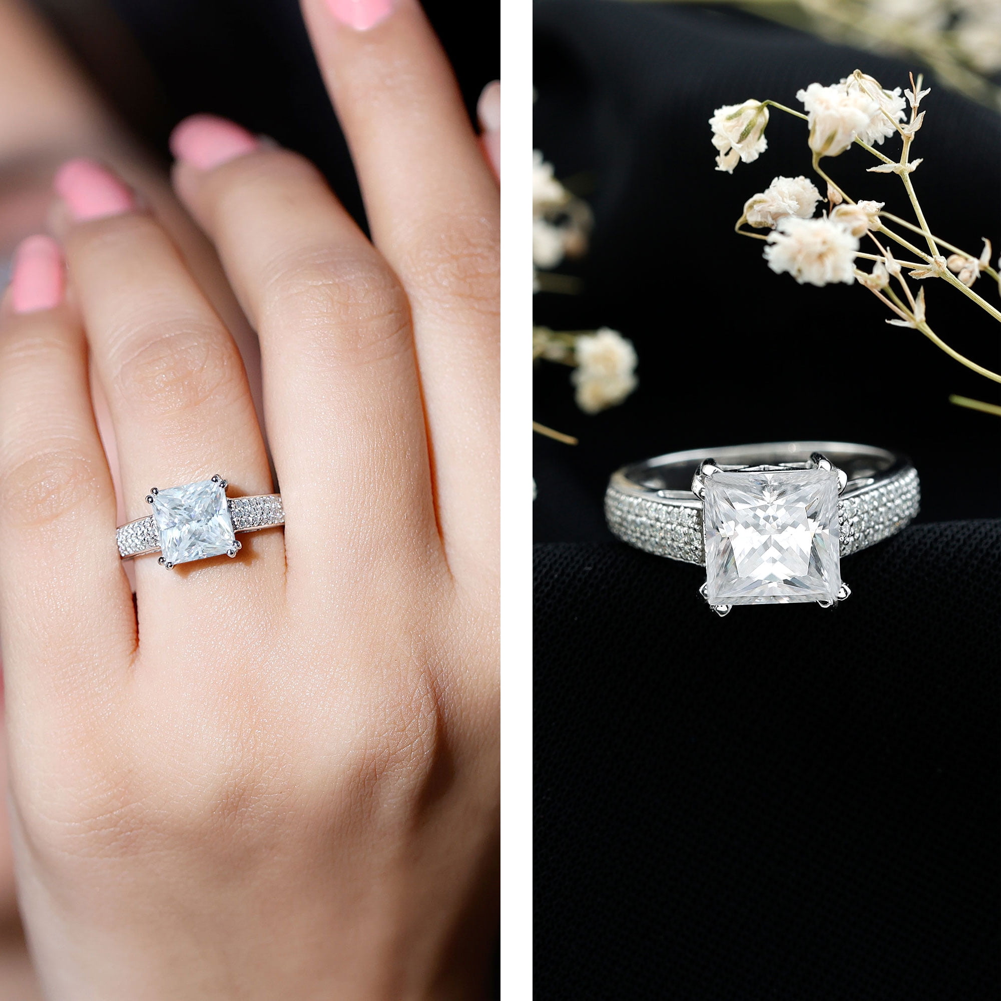 Rosec Jewels Certified Princess Cut Moissanite Wedding Engagement Ring for Women, 3 Carat, D-VS1 Quality - with Jewelry Box, 10K White Gold, US 10.00
