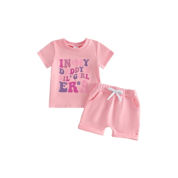 BemeyourBBs Kids Toddler Baby Girls Summer Clothes 2 Piece Outfit In My Daddys Lil Girl Era Letters Print Short Sleeve Crew Neck T-shirt With Pockets Shorts Set