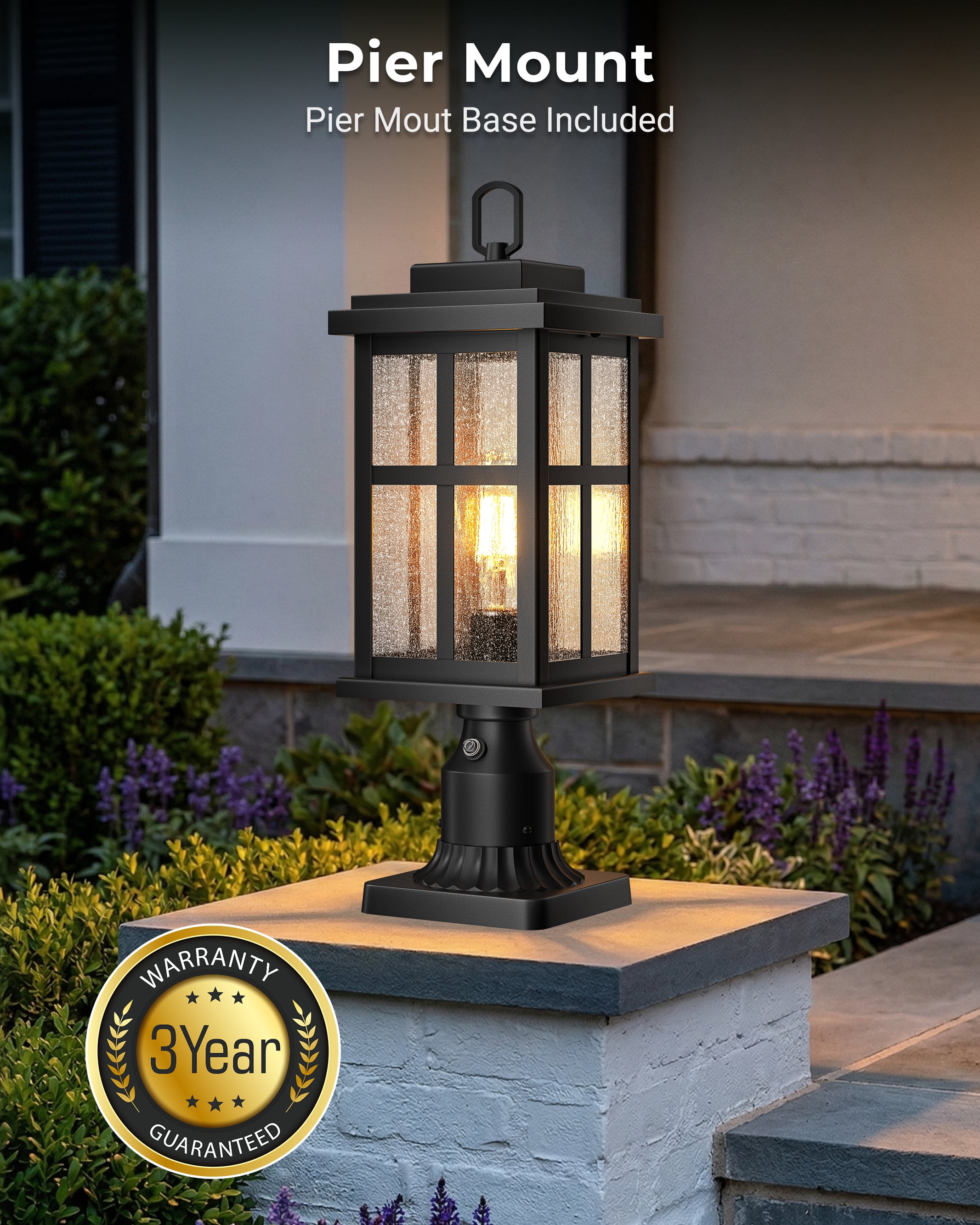 VIANIS Large Black Dusk to Dawn Outdoor Lamp Post Light, Hardwired Modern Outdoor Post Lights with Pier Mount Base, Waterproof Outside Pole Light for House