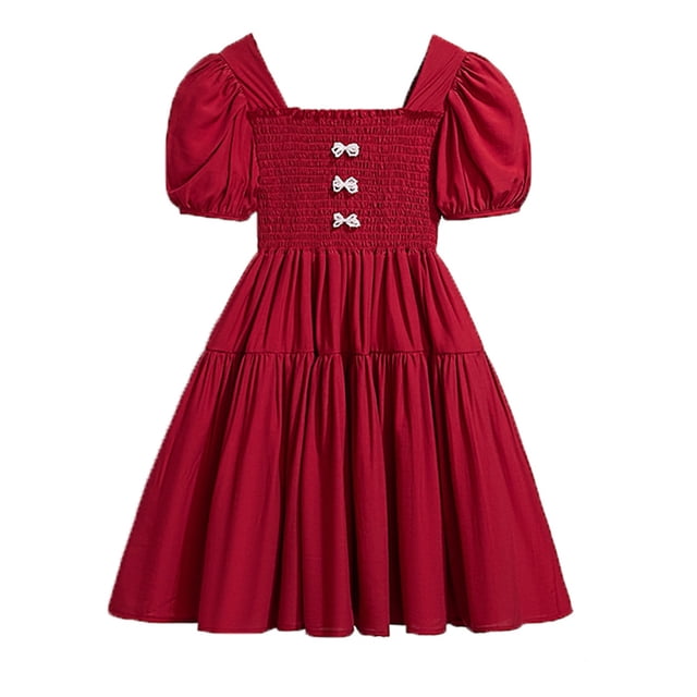 MIASHUI Boho Flutter Sleeve Tiered A-Line Summer Dress for Girls with Convenient Side Pockets Red,6-7 Years