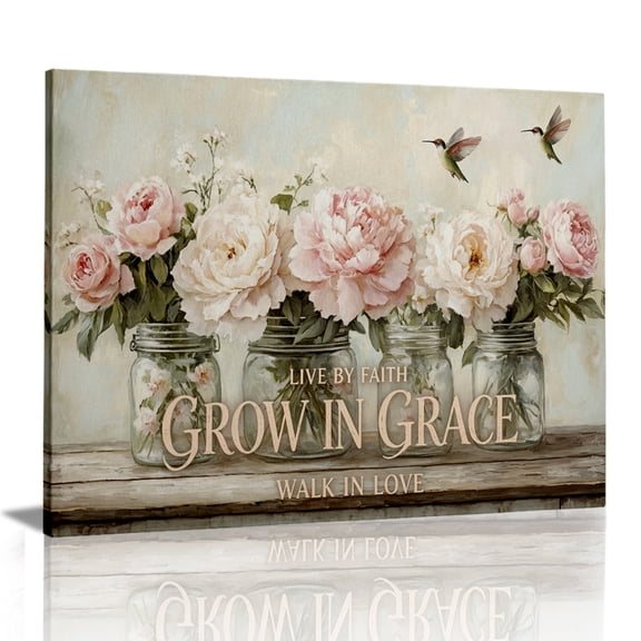 Rovven Rustic Country Vintage Floral Peony Hummingbird Canvas Wall Art for Home Wall Decor Framed Ready to Hang 12x8 inch