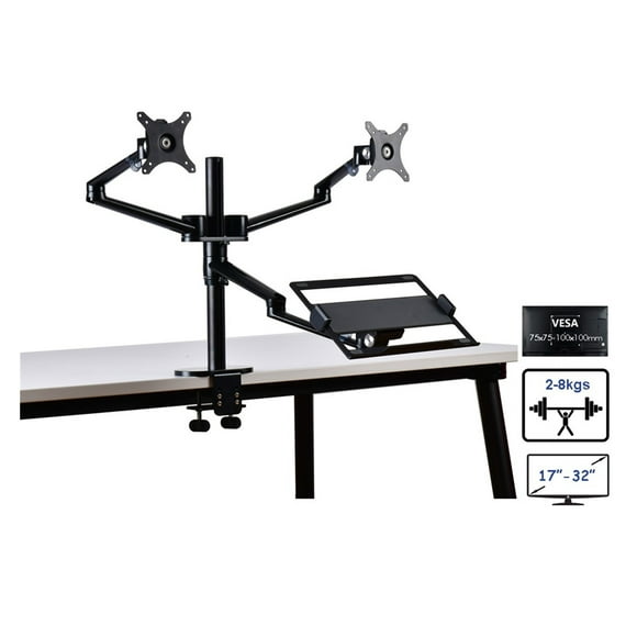 Aluminum Height Adjust Desktop Dual 17-32 Inch Monitor Holder+12-17 Inch Laptop Holder Stand Full Motion Triple Mount Arm ,Easy to Use