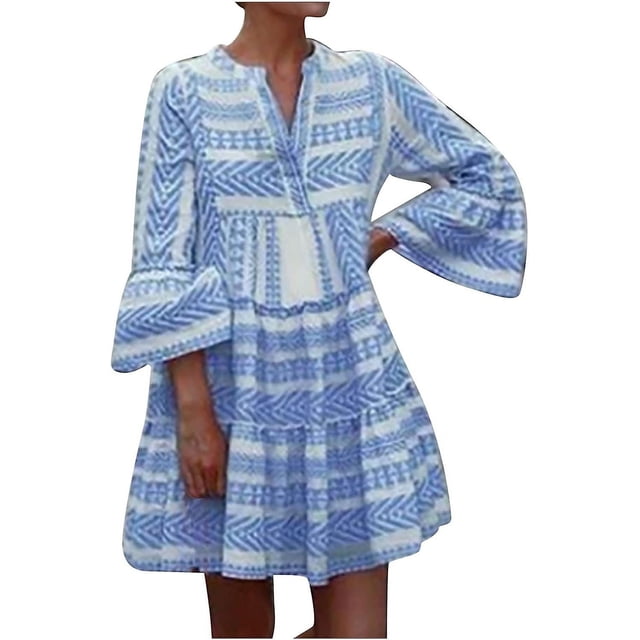 Robes Femmes Soirée Élégante Printemps et Décontracté Col en V Boutons Manches Trois-Quarts Imprimé