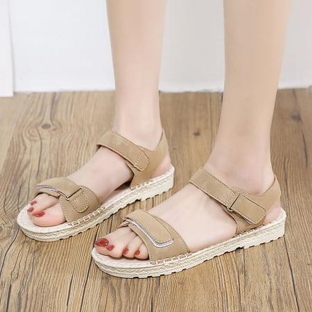

Cathalem Fashion Summer Women Sandals Solid Color Thick Bottom Flat Hook Loop Casual Espadrille Wedge Sandals for Women under 30 Khaki 7