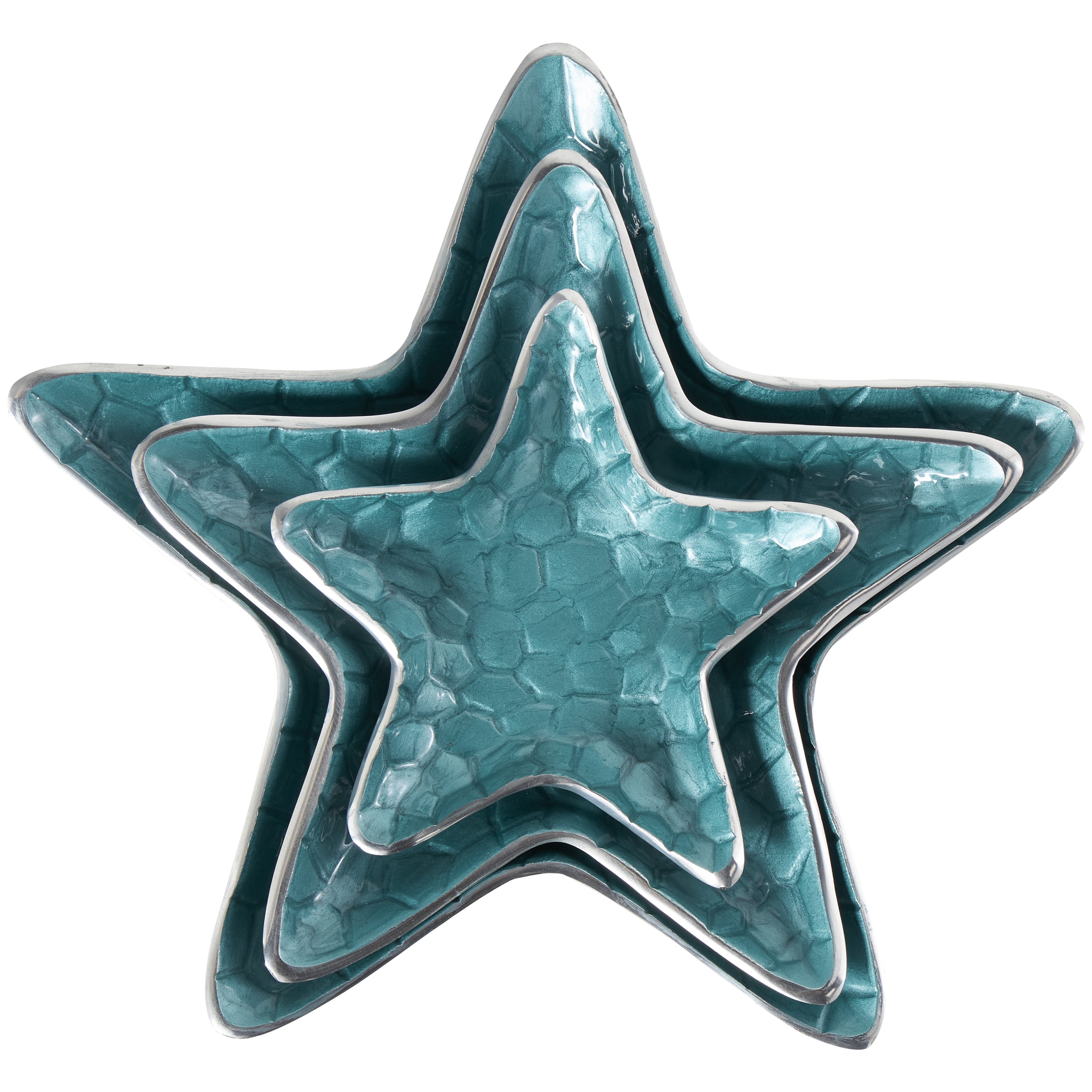 DecMode 13", 11", 7"W Handmade Asymmetrical Textured Enameled Starfish Aluminum Metal Decorative Bowl with Silver Base, Set of 3