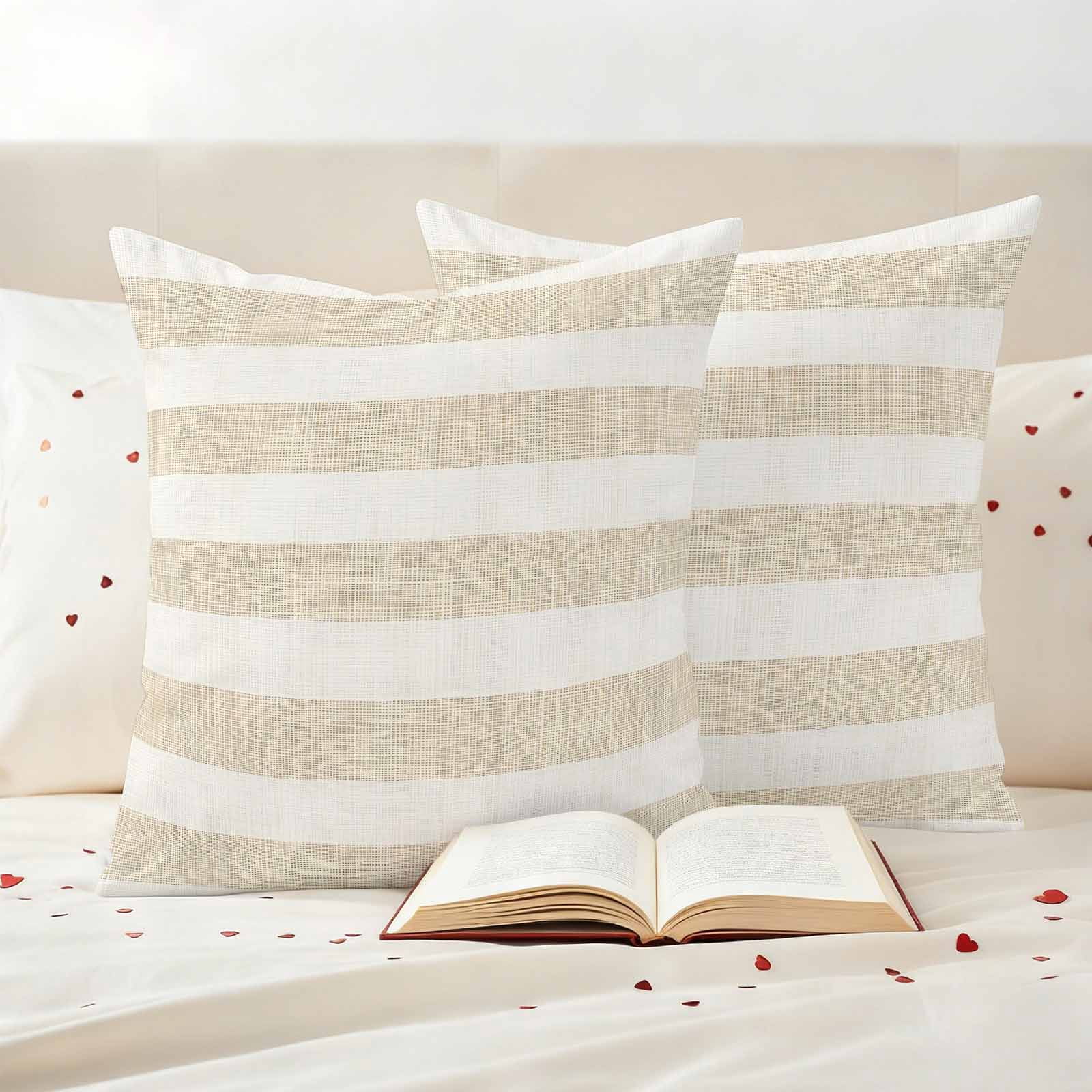 Vintage Linen Outdoor Pillow Covers 26"x26" Set of 2, Striped Beige Theme Farmhouse Waterproof Throw Pillow Covers for Patio Furniture, Decorative Cushion Covers for Porch