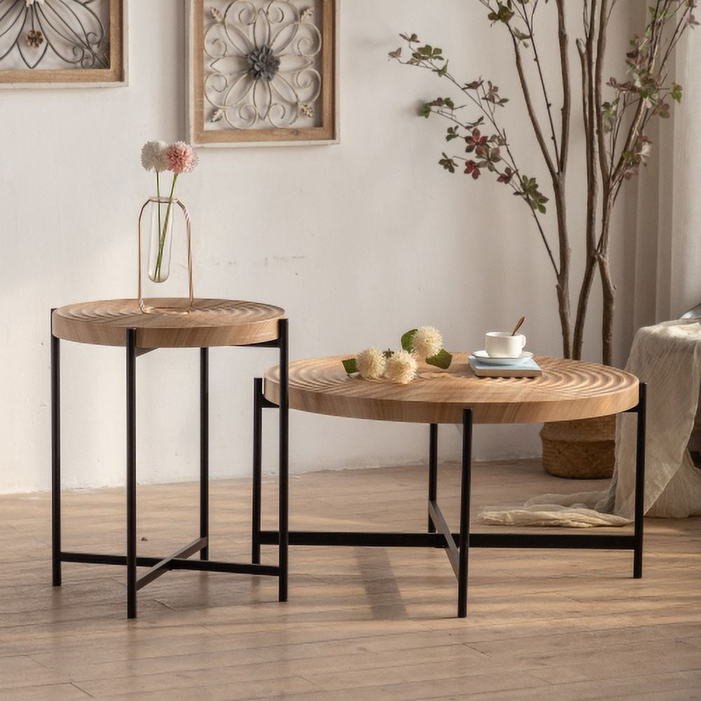 BSHTI Modern Thread Design Round Coffee Table,MDF Table Top with Cross Legs Metal Base(Set of 2 pcs )