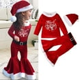 thumbnail image 2 of Odeerbi Baby Girls Clothes Toddler Outfit Autumn Winter Christmas Pattern 2024 Long Sleeve Flare Pants Hat Three Piece Set Red, 2 of 9