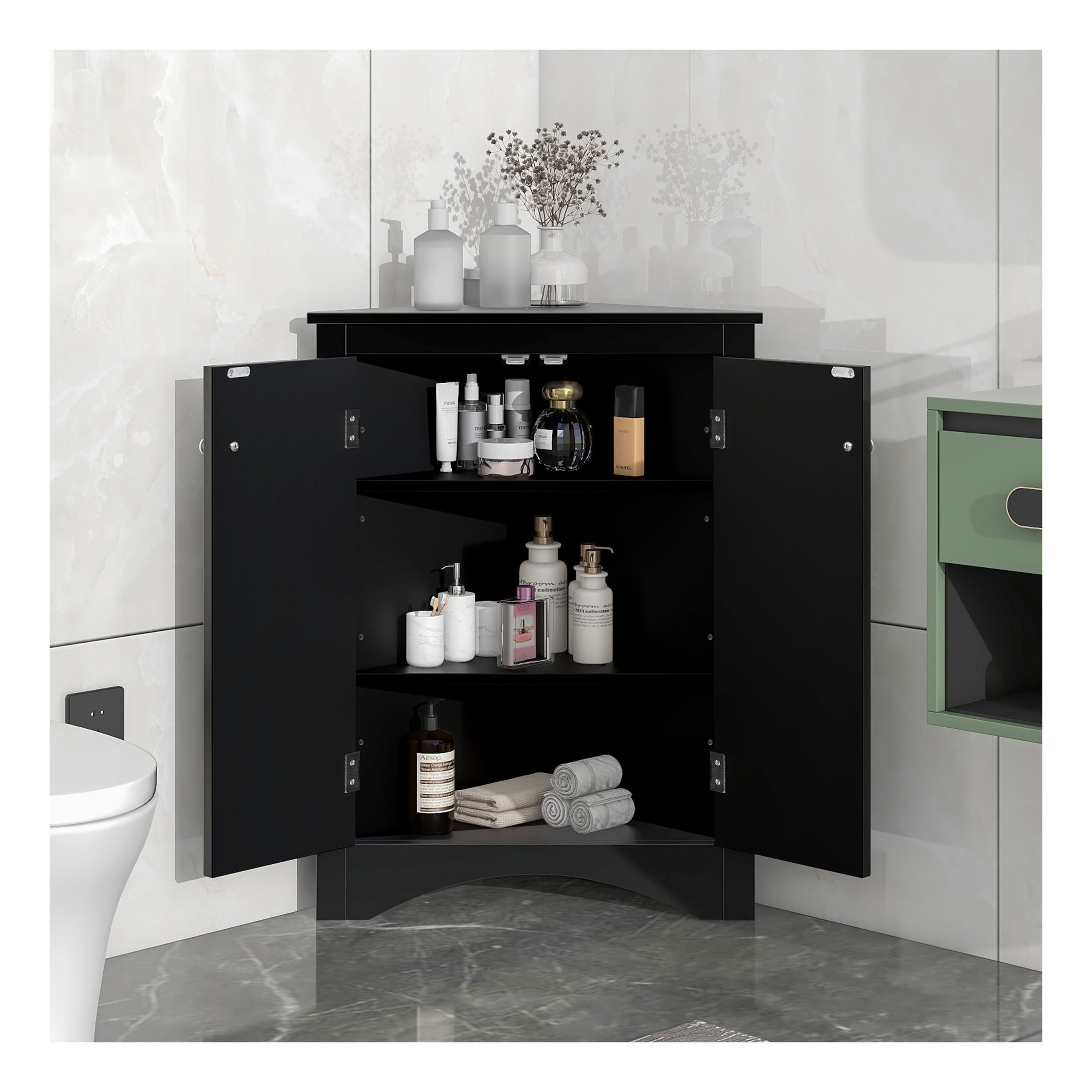 GDF Studio 17.2" Triangle Bathroom Storage Cabinet, Freestanding Corner Floor Cabinet, Adjustable Shelf, Black