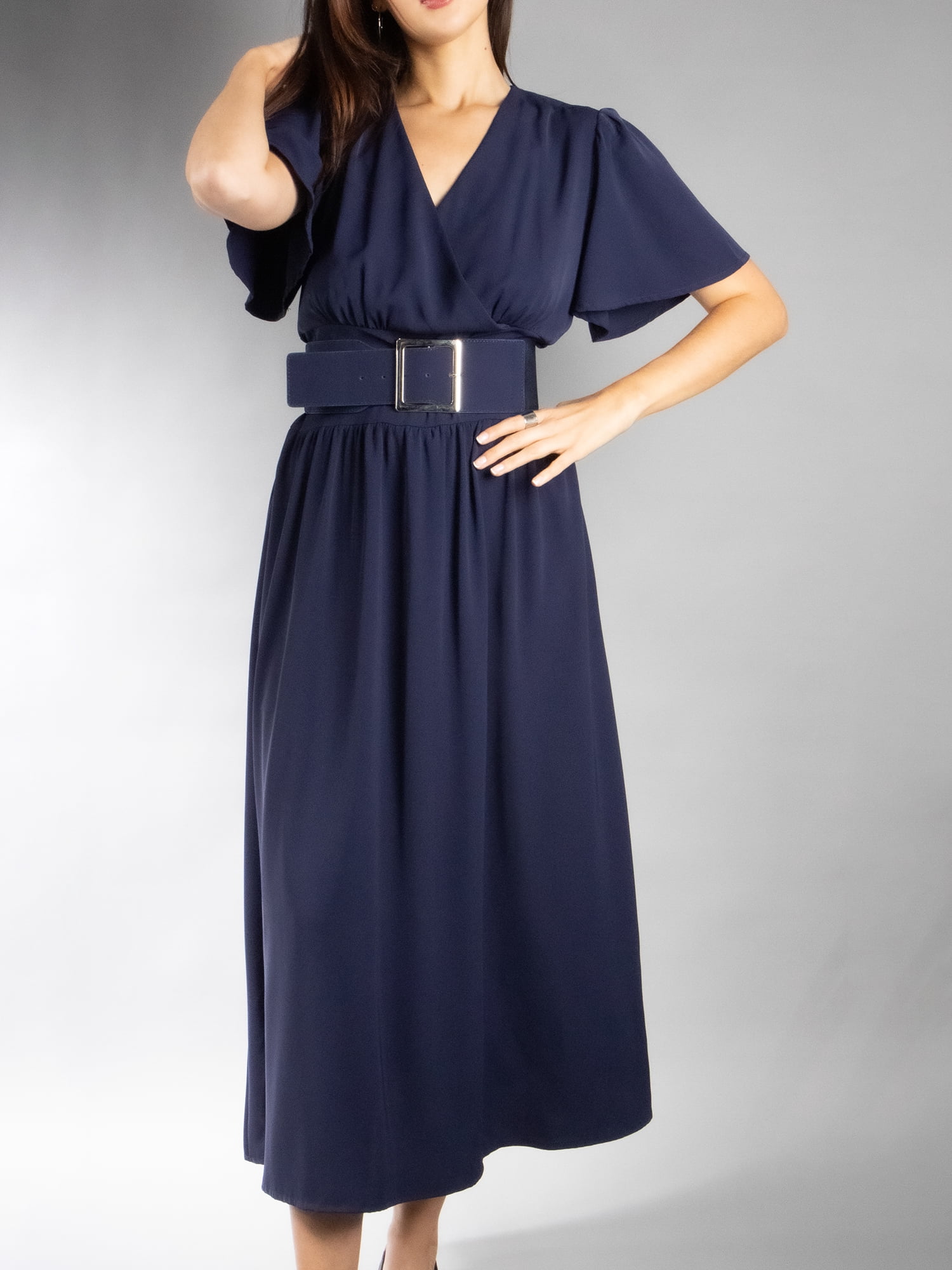 DARING DIVA Women's Elegant Flutter Sleeve Midi Dress S Navy