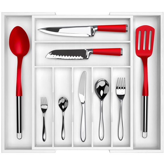 Luxury Bamboo Kitchen Drawer Organizer - Silverware Organizer - Utensil Holder and Cutlery Tray with Grooved Drawer Dividers for Flatware and Kitchen Utensils (White)