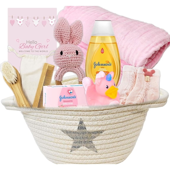 New Baby Girl Gift Basket for a New mom Pink Baby Gift Set. Welcome Baby Care Package All w/Newborn Essentials Bundle for Expecting Moms Baby Shower, After Labor (9 pc)
