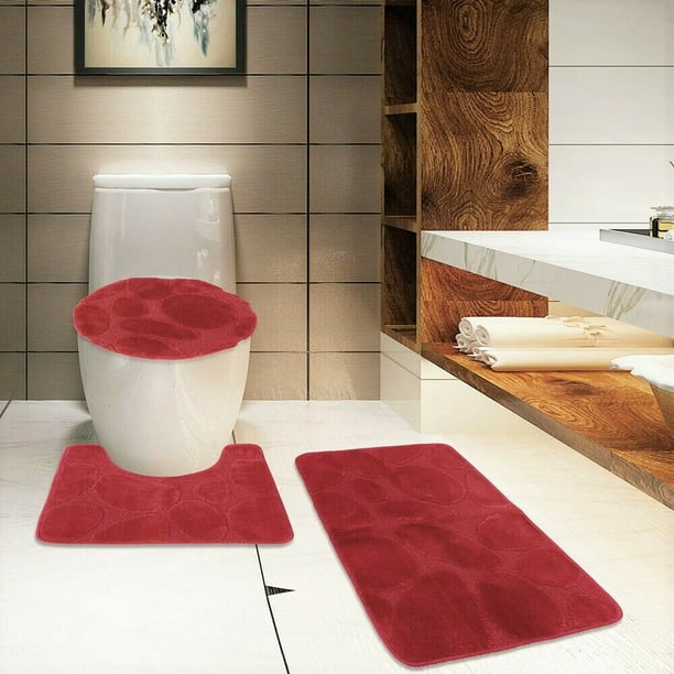 3 Pc RED Bathroom Set Bath Mat RUG, Contour, and Toilet Lid Cover, with
