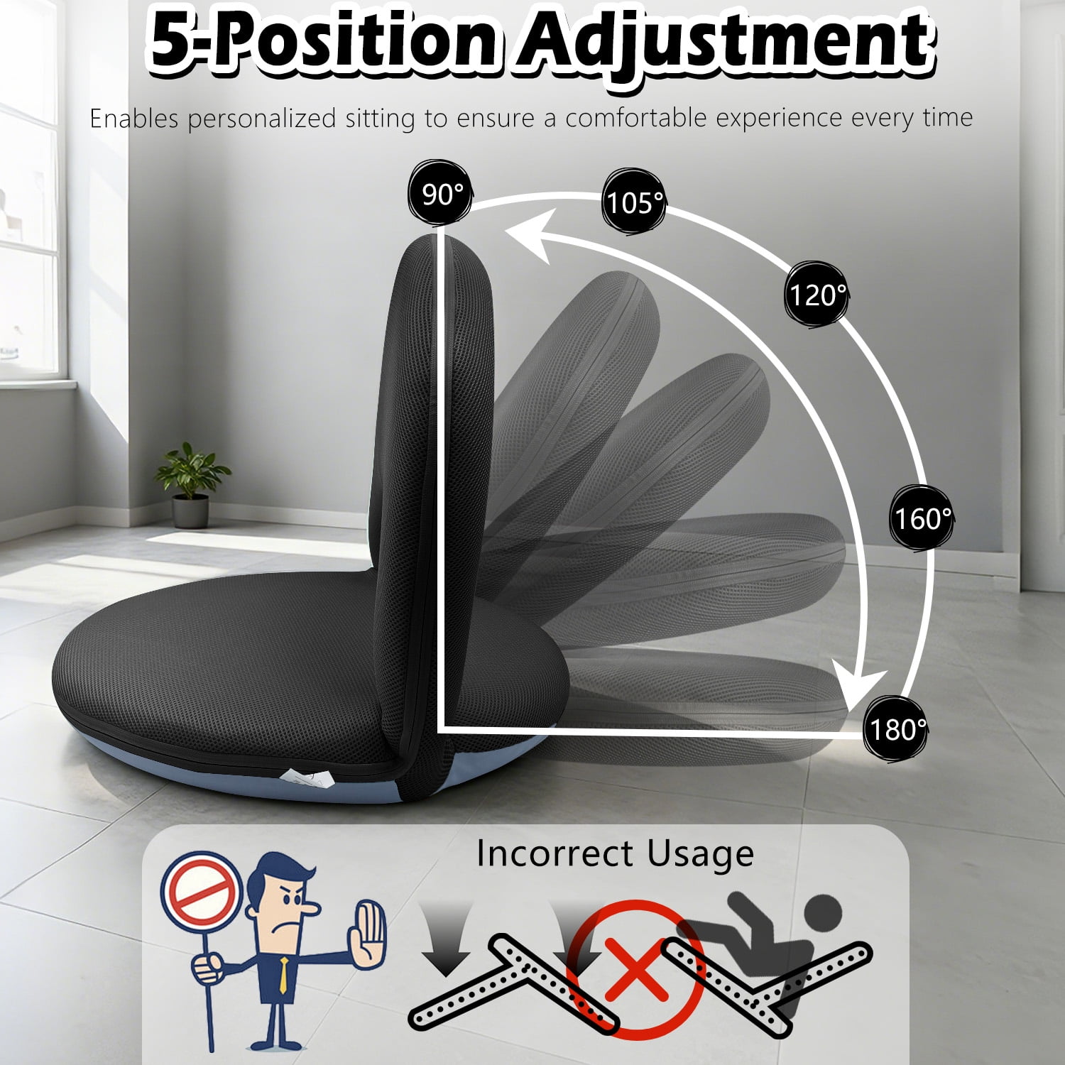 Floor Chair with Back Support, Foldable Adjustable Floor Seat, 5-Position Padded Recliner Floor Chair for Gaming, Reading and Meditation (Black)
