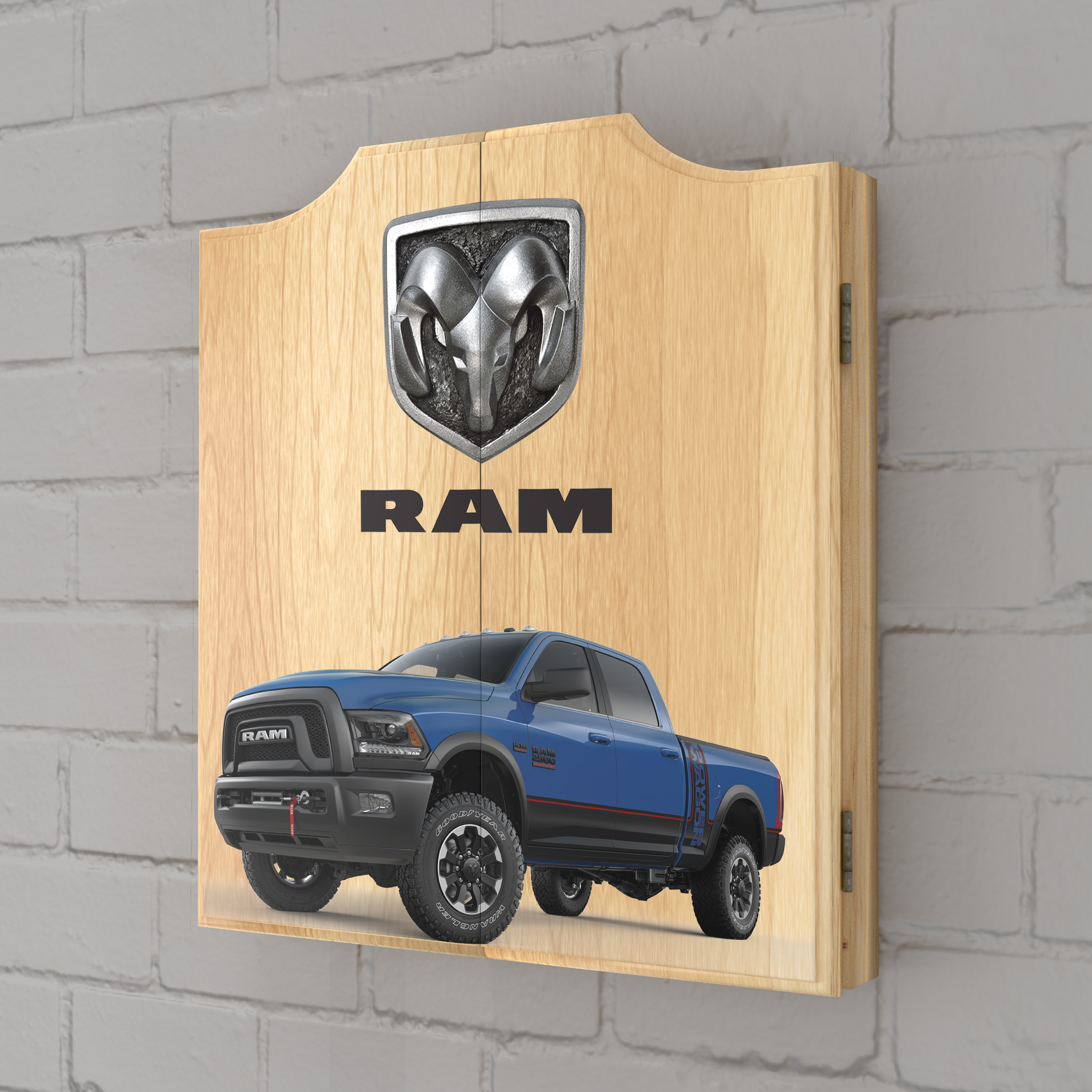 RAM Truck Blue Dart Board Cabinet Set with 6 Steel Tip Darts