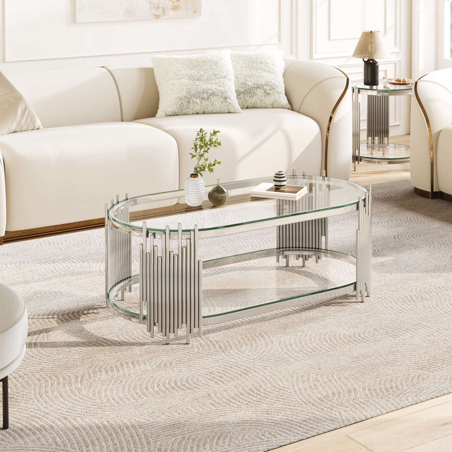 Hommoo Modern Oval Coffee Table with 2-Tier Tempered Glass Shelves, Polished Stainless Steel Frame, Organ Pipe Design, Living Room Center Table, Sliver