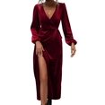thumbnail image 2 of Robe en Velours à Manches Longues pour Femmes Col en V Vacances Cocktail Fête Semi-Formelle Midi Robes Rouge Vin G, 2 of 9