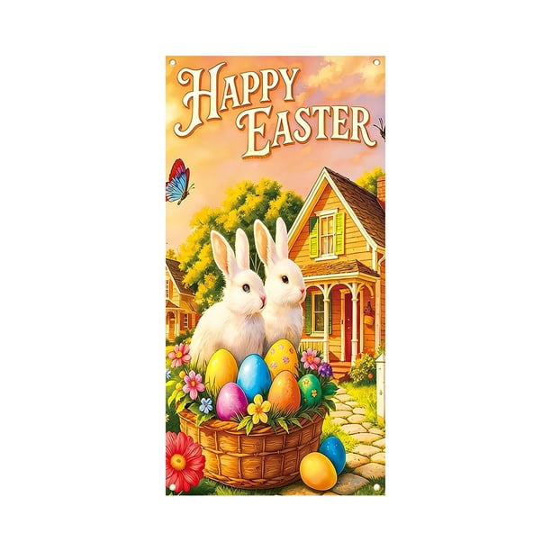 CaiYueKe Easter Door Cover Decoration Outdoor Party Decor Spring Holiday Door Curtain Bunny Rabbit Egg Festive Atmosphere Photography Backdrop Vertical Horizontal Hanging Decorations