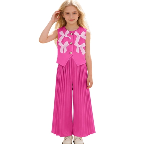 Laipiong Stylish Girls Vest With Wide Leg Pleated Pants Fashionable Two Piece Outfit For Toddler And Kid Hot Pink 2-3