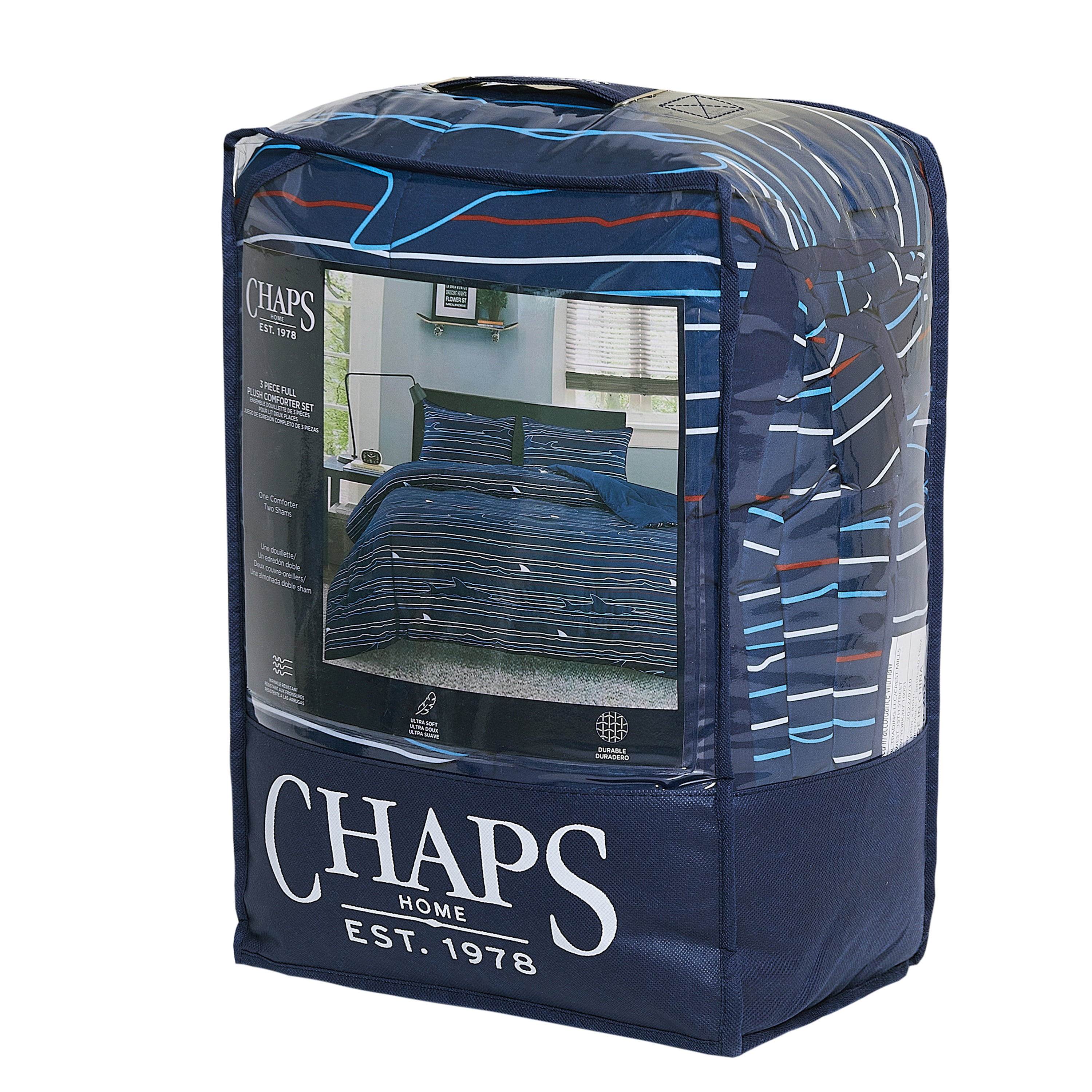 Chaps Boys Comforter Set 2-Piece Reversible Microfiber Kids Comforter Sham Striped Bedding - Shark Stripe Blue - Size Twin