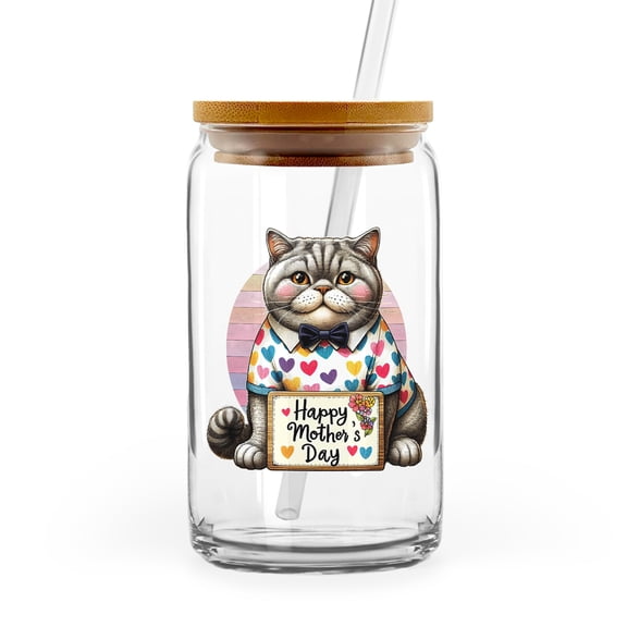 Happy Mother's Day Best British Shorthair Mom Ever 16oz Glass Cup Mug Cat Lover Kitten Owner Gifts Glass Can with Bamboo Lid and Straw - 03002