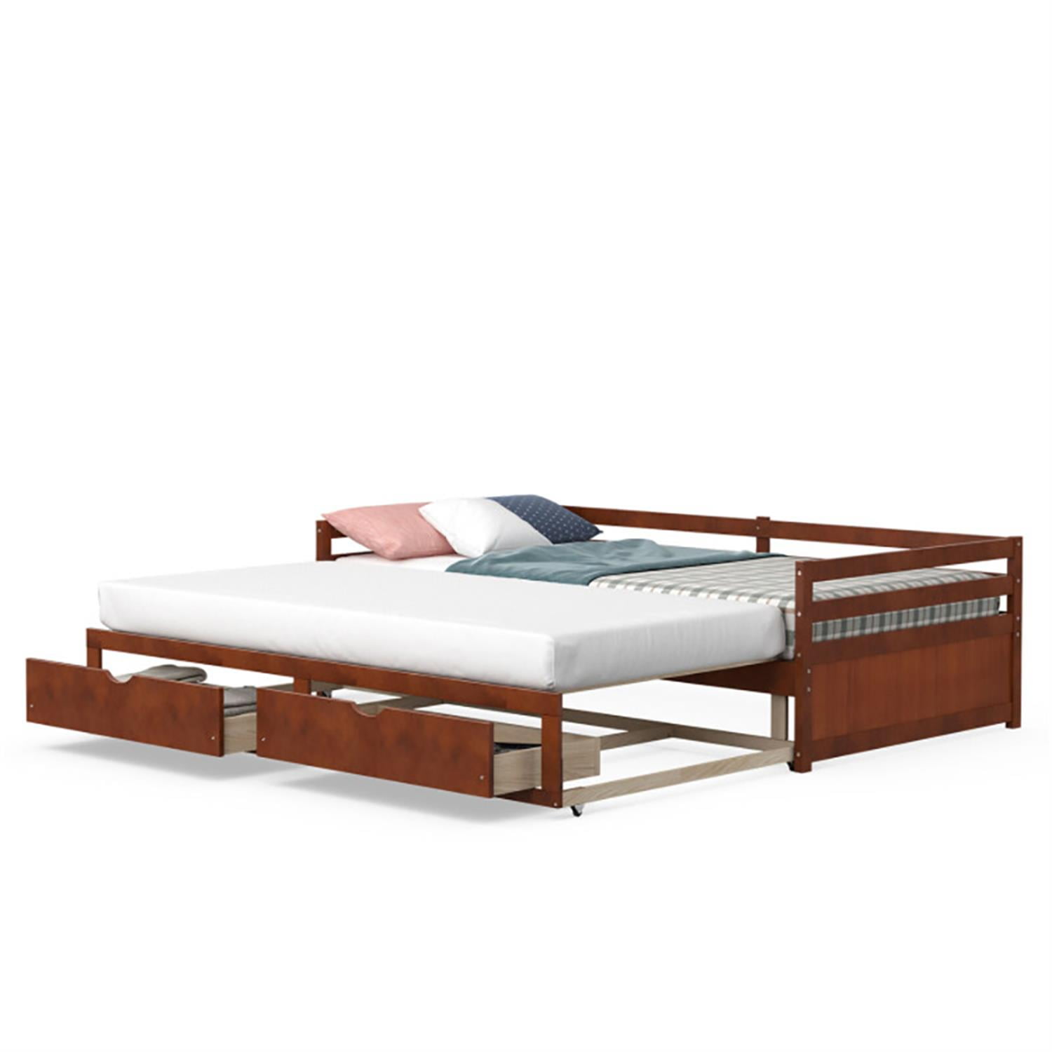 Demi Bonn Extendable Twin to King Daybed with Trundle and 2 Storage Drawers, Modern Bed Frame for Teens, Brown