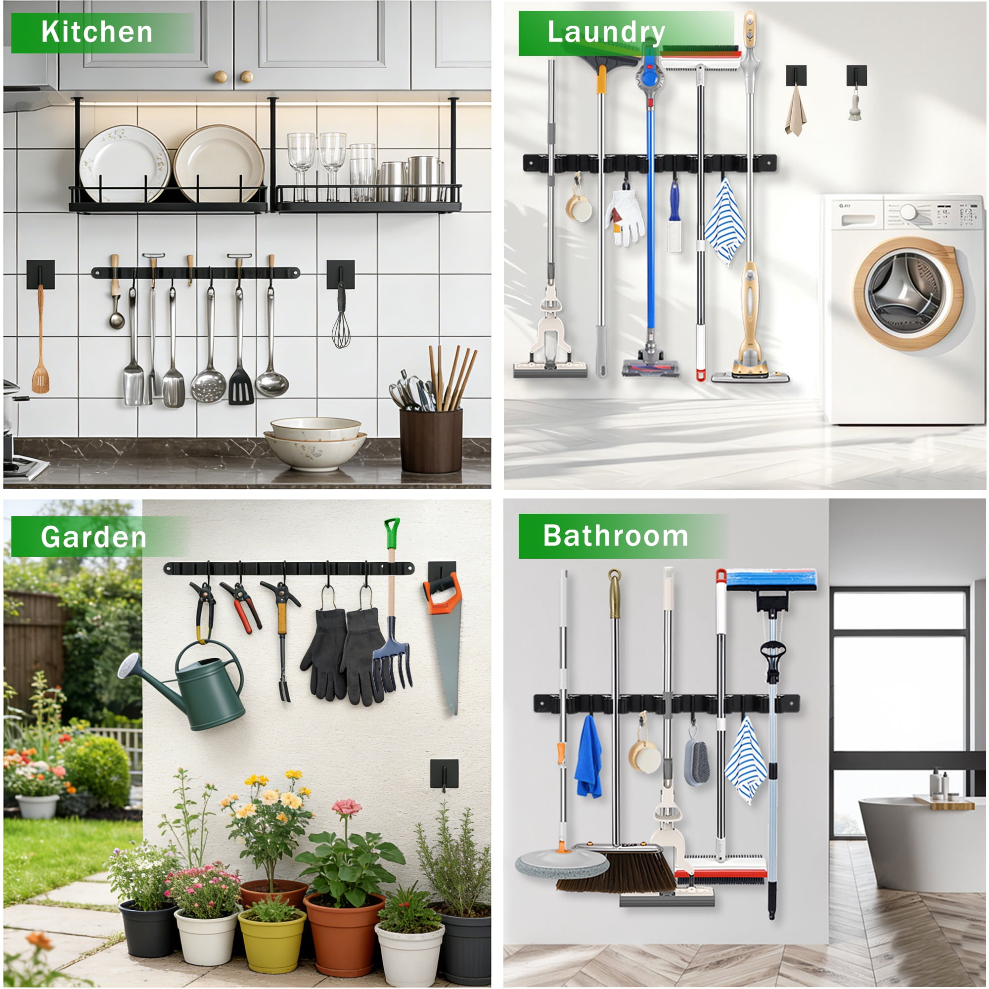 Wall Mount Mop and Broom Holder, 5 Racks 4 Hooks Heavy Duty Metal Cleaning Tool Organizer, Adhesive & Drillable Broom Mop Storage Rack for Laundry Bathroom Garage