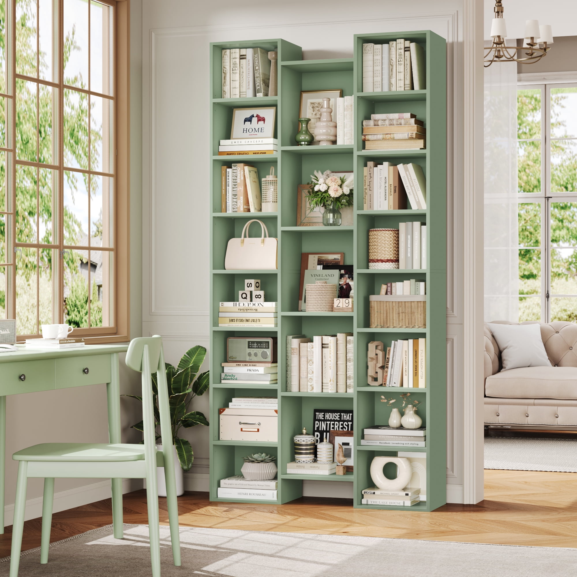 Homfa 2 Pieces Green Bookshelves, 71’’ Tall Three Row Bookshelf with Adjustable Shelves, 21-Cubes CD Display Storage Organizer Shelf for Living Room Home Office