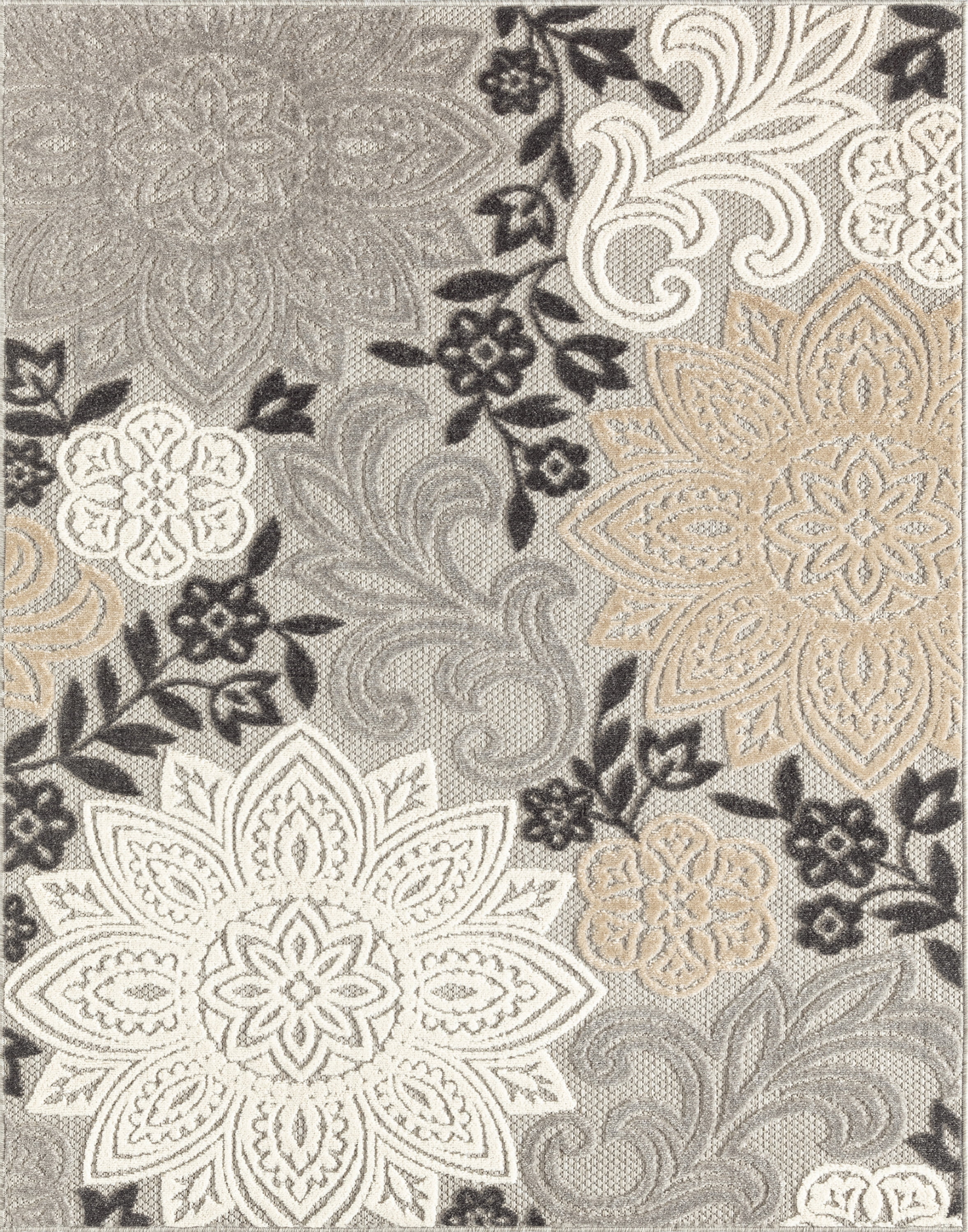 Oasis Modern Floral Beige and Cream Polypropylene Indoor Outdoor Area Rug, 9'x12' Rectangle