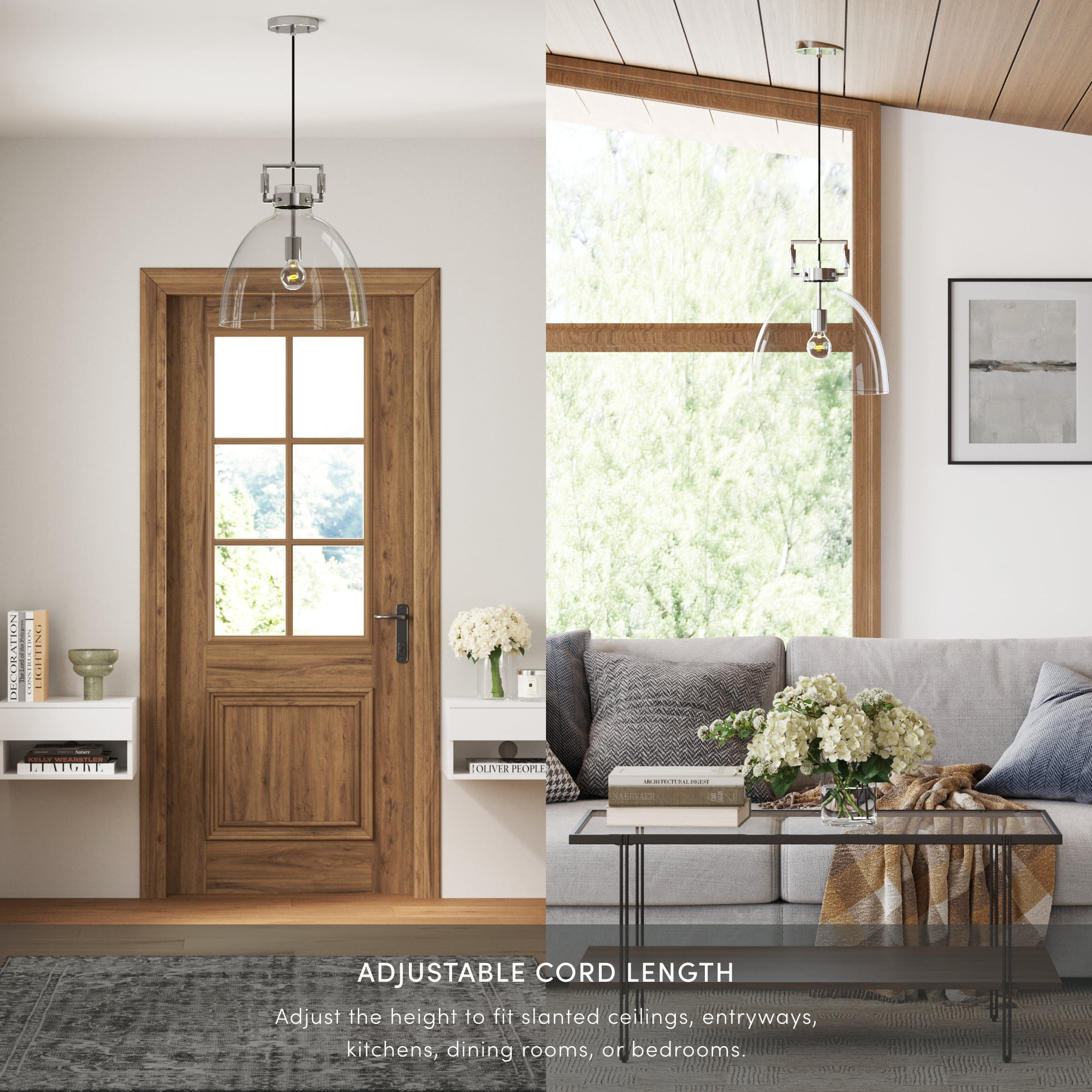 Nathan James Leigh 1-Light Chrome Pendant Lighting for Kitchen Island with Oversized Glass Shade and Adjustable Cord