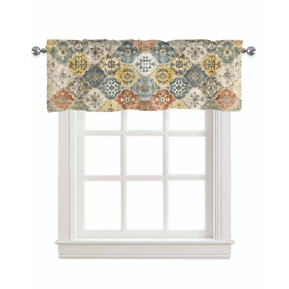 Vintage Boho Kitchen Valances for Windows Farmhouse Linen Window Valance Curtain for Living Room Window Treatment Chic Farmhouse Neutral Morocco Geometric Valance Rod Pocket Topper, 42 x 18 Inch