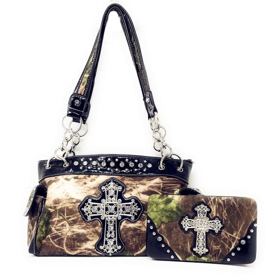 Western Camo Cross Shoulder Bag Camouflage Handbag Rhinestone Purse With Matching Wallet (Black)