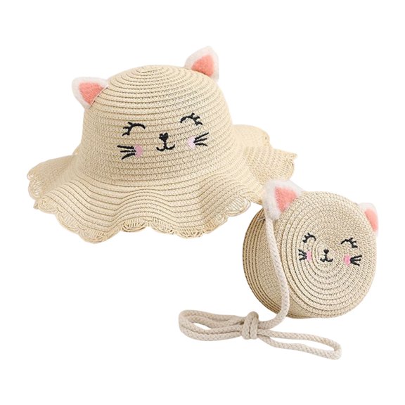 TOOYOU 2 Pack Toddler Bucket Hat Children Cartoon Flower Sunshade Hat Raffia Wide Brim Hat Beach Sun Hat Straw Hat Straw Bag 2 Piece Set Kids Summer Accessories