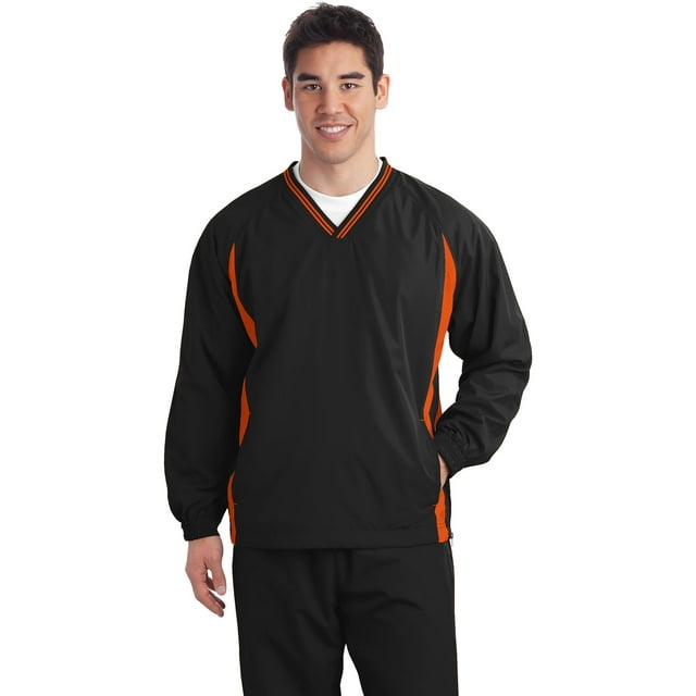 Discontinued Sport-Tek ® Tall Tipped V-Neck Raglan Wind Shirt. Tjst62 Xlt Black/ Deep Orange