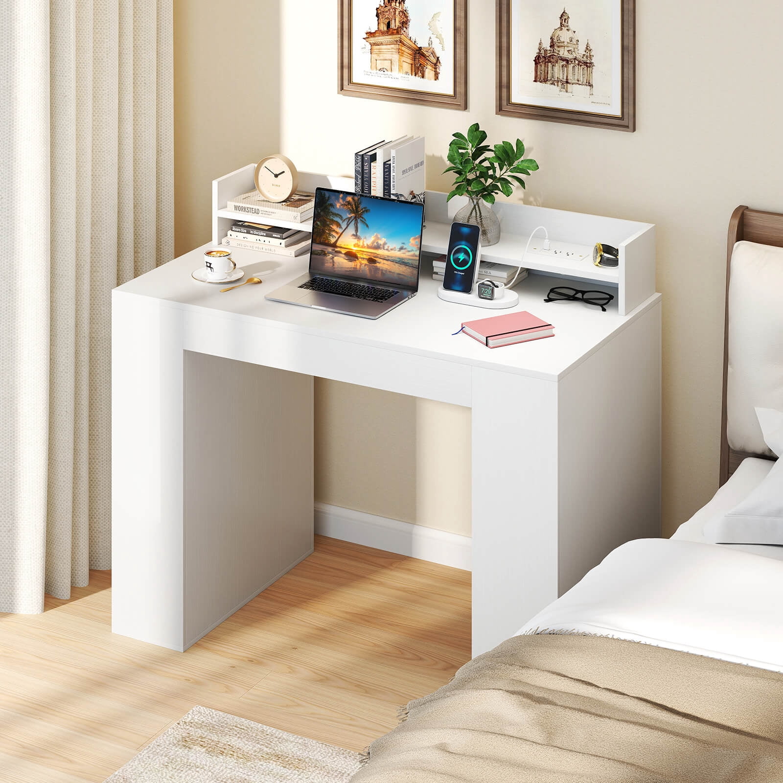 Costway 43" Home Office Desk with Power Outlets Monitor Shelf Bookshelf & Cable Hole