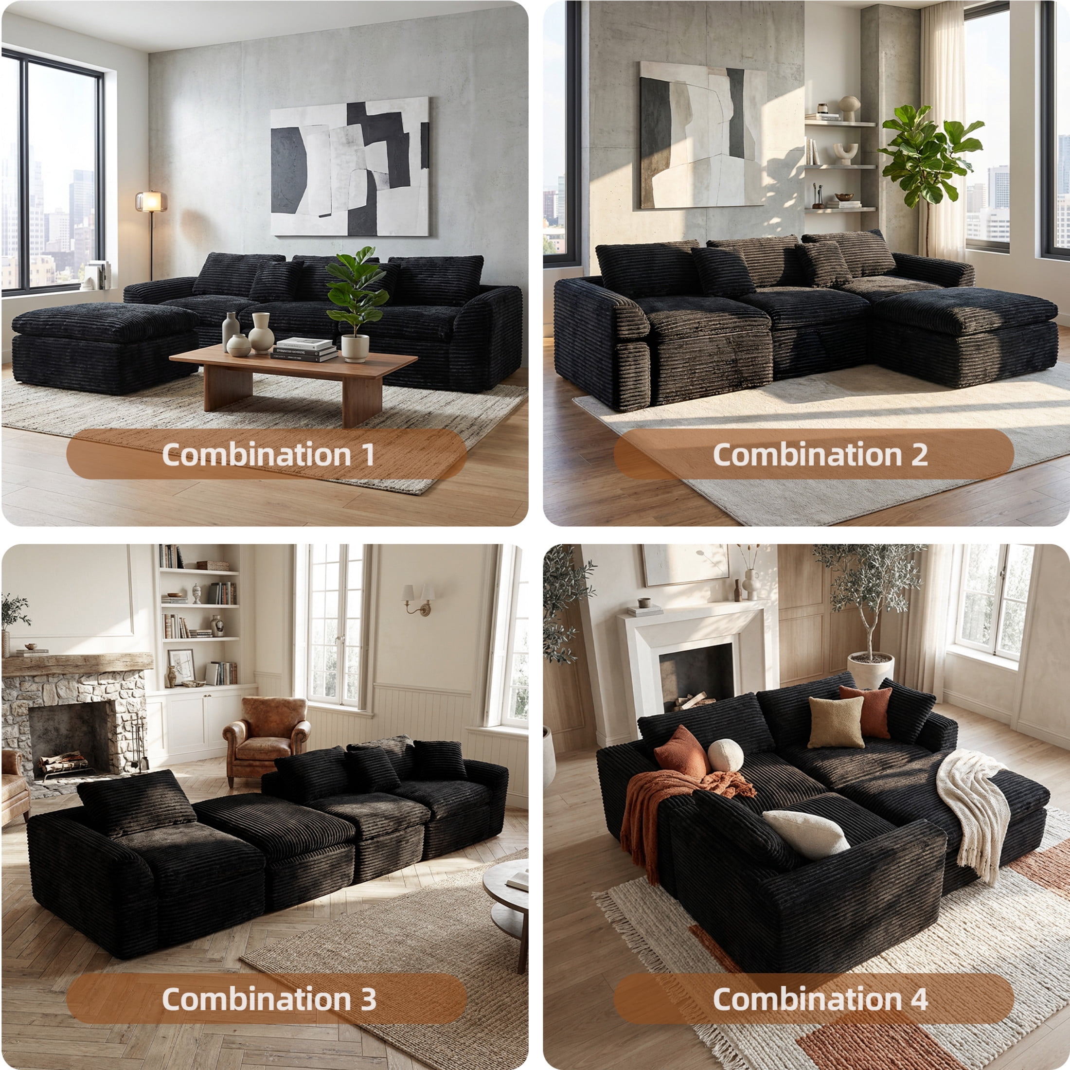 Noble House Quinley 108" Boneless Sponge Cloud Sofa, High-Density Foam Modular Corduroy Sectional, Living Room, Black