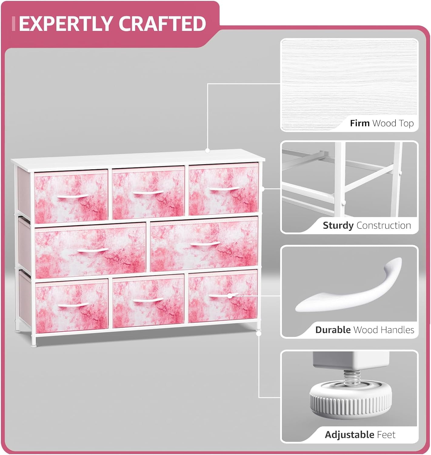 Sorbus Dresser with 8 Fabric Bins Drawers - Kids Furniture Storage Chest for Clothing Toys Organization, Bedroom, Closet (Tie-Dye Pink)