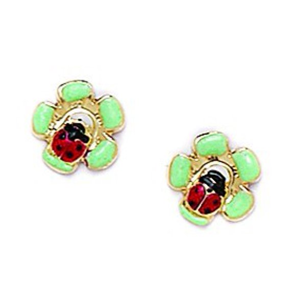 14k Yellow Gold Enamel Screw-Back Ladybug Flower Earrings - Measures 8x8mm