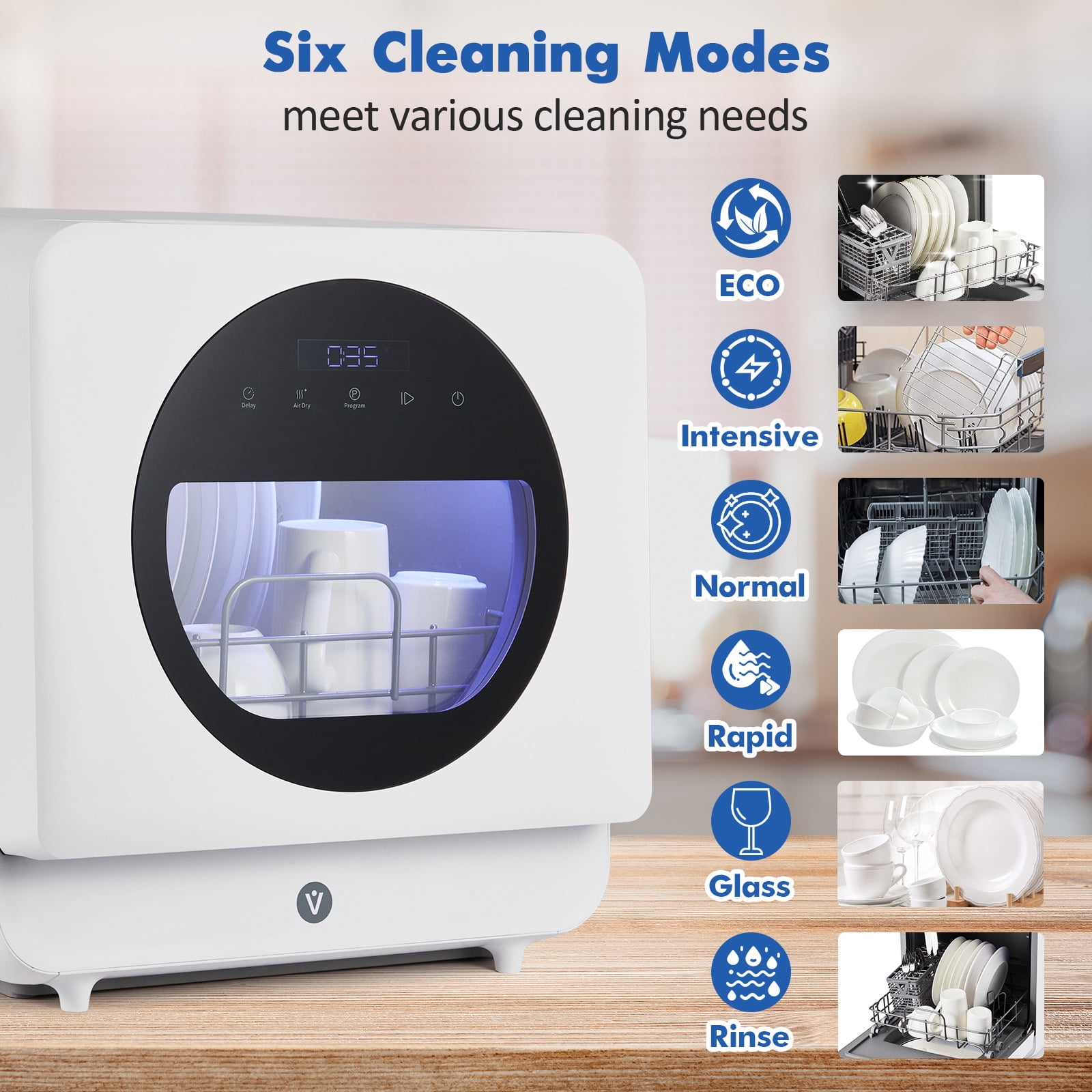 Portable Countertop Dishwasher with 5L Built-in Tank & Faucet Kit, No Installation Needed, 6 Wash Programs, 162°F High-Temp Sanitizing, Saves 80% Water, for Apartments, RV, Small Kitchen